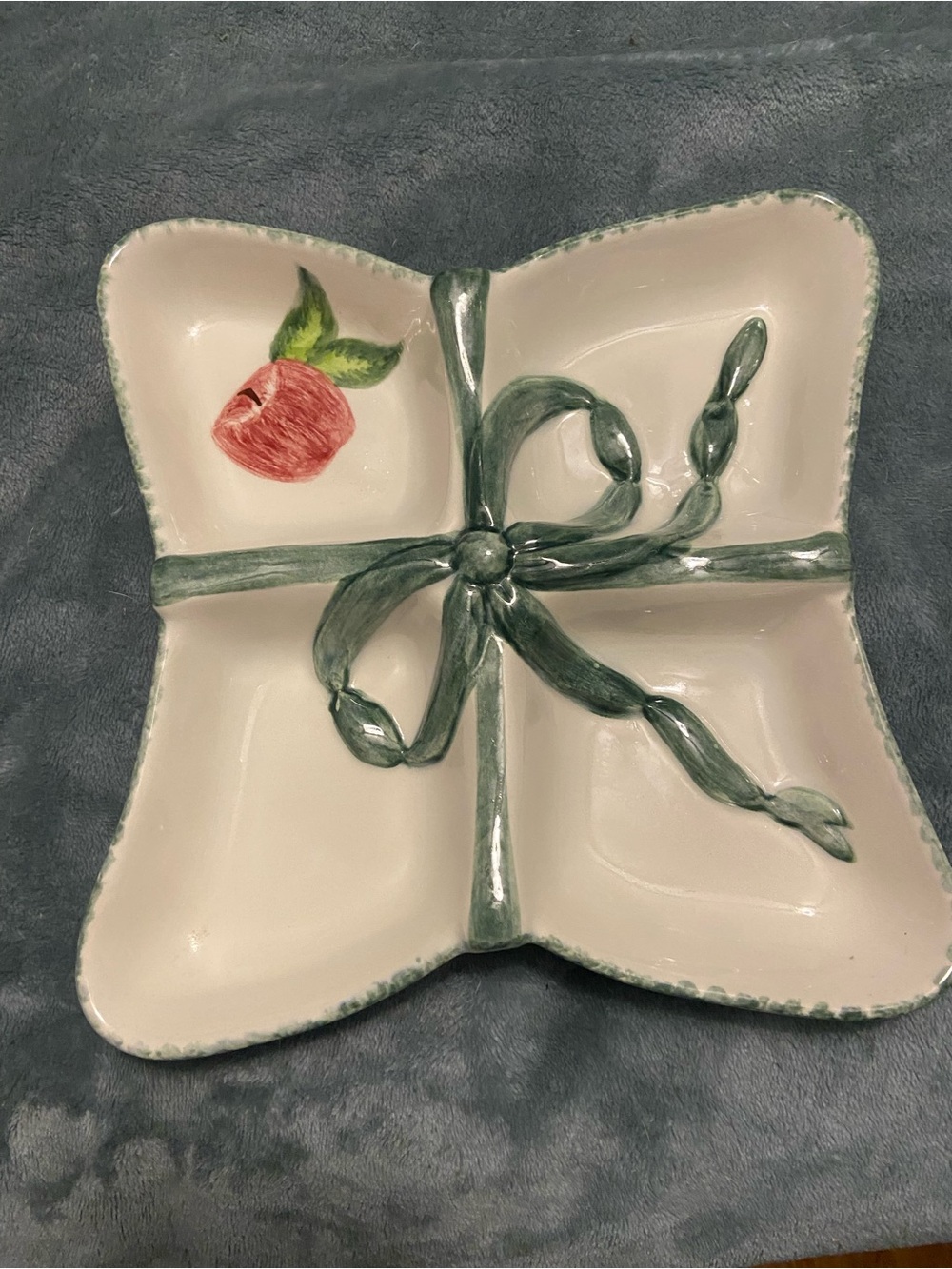 Hand-Painted Ceramic Divided Serving Dish with Green Ribbon and Red Apple Accent